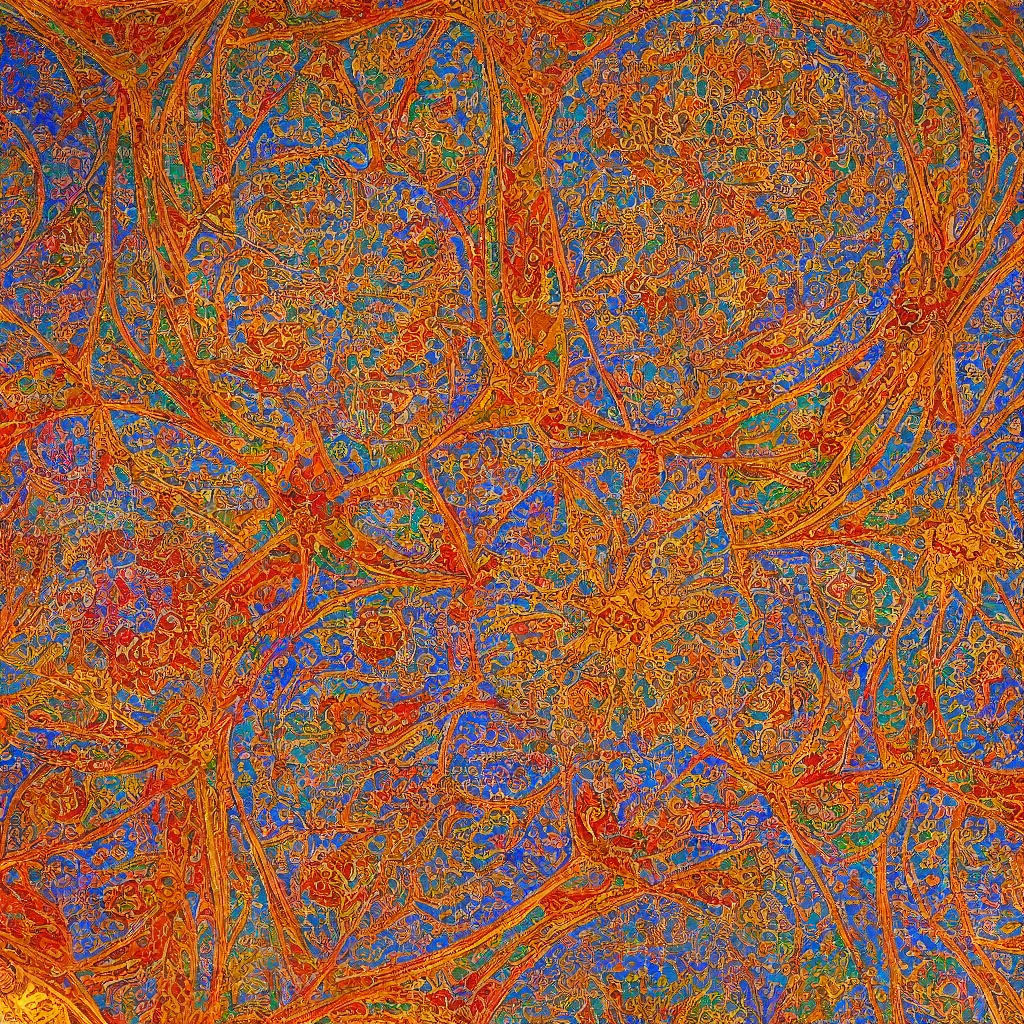 Image similar to brightly coloured patterns on its ceilings, osman hamdi bey style,