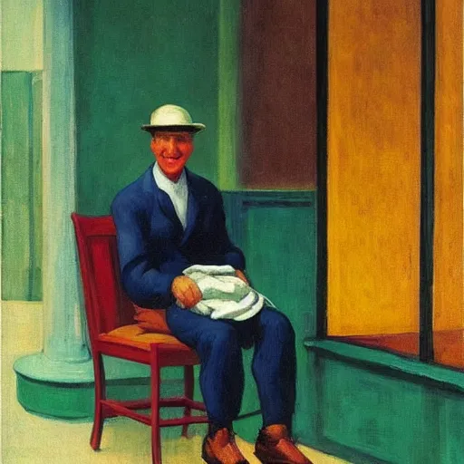 Image similar to “ here ’ s a man with a smile like god ’ s shoeshine by edward hopper and gogh ”