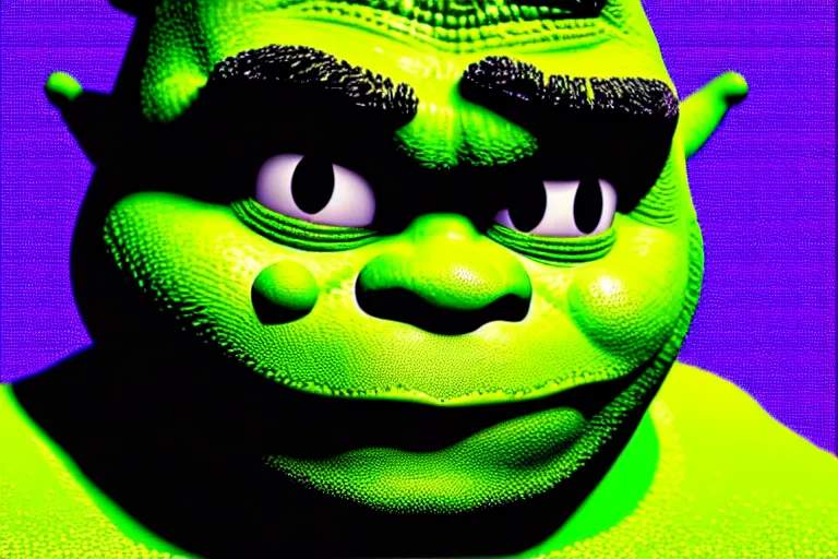 Image similar to ( ( dither ) ), editorial pixel art portrait of an angled 2 d shrek,'he knows what you did ', confident smirk, 😏, ( ( mads berg ) ), rich detailed pixels, detailed, dynamic composition, detailed pixel artwork, full og shrek, wide angle, matte print, art nouveau, unreal engine