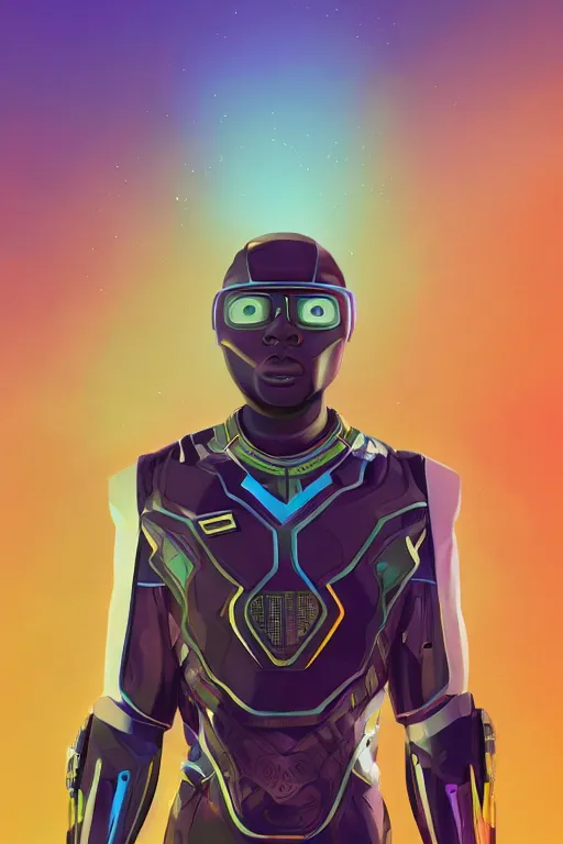 Prompt: a black kid fixing his futuristic robot in the nature, mixing solarpunk, afropunk ( ( ( ( volumetric light ) ) ) ), high angle, part by pearl fryar, part by prince damah, sunny day, trending on artstation, cinematic view, illustration, painting, realistic, inspired in black panther