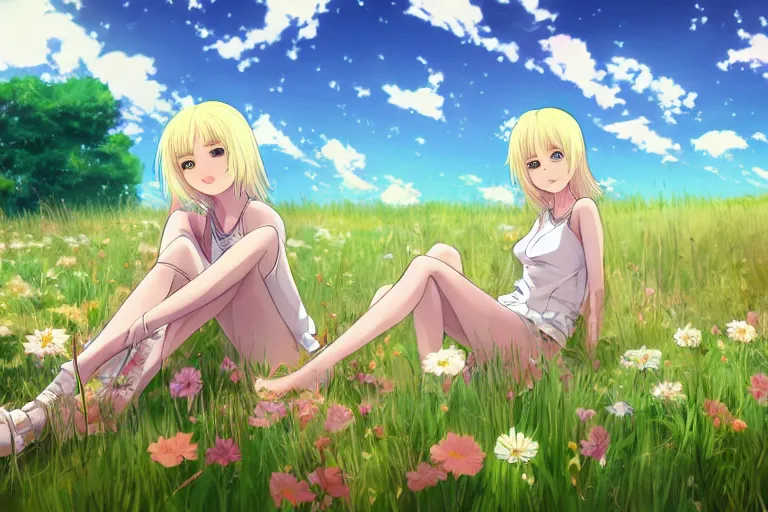 Image similar to beautiful anime transgender blonde girl sitting in a field full of flowers, highly detailed, realistic, dynamic lighting, cinematic, masterpiece, trending on artstation, in the style of studio Ghibli