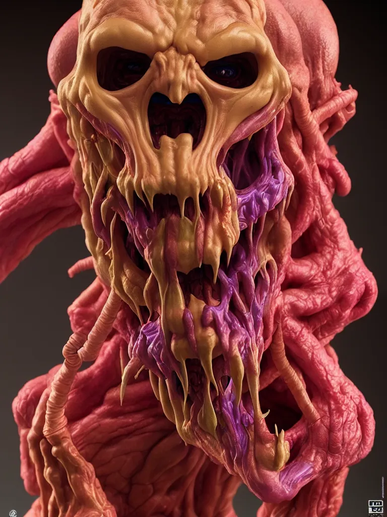 Image similar to hyperrealistic rendering, fat smooth cronenberg flesh monster skeletor by donato giancola and greg rutkowski and wayne barlow and zdzisław beksinski, product photography, action figure, sofubi, studio lighting, colored gels