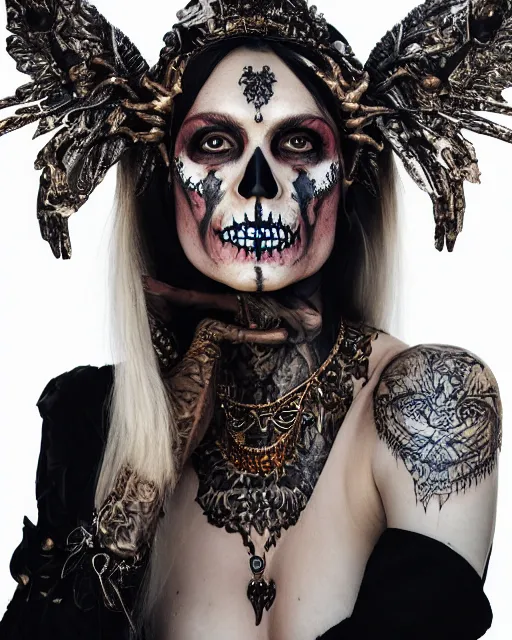 Prompt: photorealistic head and shoulders photo of beautiful female ornate fantasy Witch goddess, confident, minimal black skull warpaint, tattoos, Neil Blevins, James Paick, Natasha Tan Maciej Kuciara, Frank frazetta, arney freytag, Ritu Kumar, Sabyasachi Mukherjee, Magic the gathering,octane, bokeh, 8k, fashion pose, cinematic, 28mm