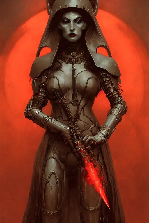 Image similar to Portrait of beautiful pale warhammer 40000 goth maiden, dark fantasy, red light, digital illustration, intricate, highly detailed, smooth, artstation, painted by Wayne Barlowe and Greg Rutkowski and zdislav beksinski and Ruan Jia and Mandy Jurgens and Artgerm and william-adolphe bouguereau