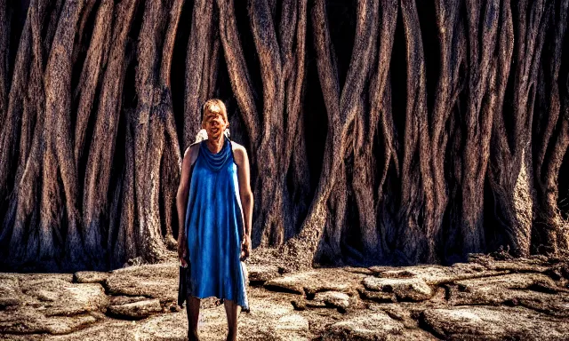 Image similar to medium shot of a crying ancient dried up Danu, peaceful, facing the camera and standing in front of a dried up river in a desolate land, dead trees, blue sky, hot and sunny, highly-detailed, elegant, dramatic lighting, artstation, 4k, cinematic landscape, photograph by Elisabeth Gadd