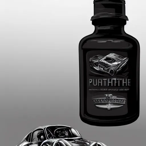 Prompt: concept art of a porsche - patek philip white dietary supplement in a transparent bottle with big black sticker on it by aenaluck, artgerm and roberto ferri and greg rutkowski, black blue and white tones, digital painting, artstation, concept art, smooth, sharp foccus ilustration hq