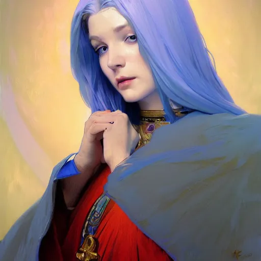 Prompt: oil painting of a priestess white haired women, cameraflash portrait by ilya kuvshinov, artgerm, alphonse mucha, and greg rutkowski, wearing blue coat, red makeup, wind mage, casting a spell, fantasy artwork, fantastic artwork, 4 k, trending on artstation