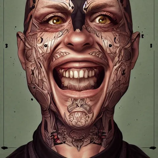 Prompt: tatted man laugh hard. matte, symmetrical anatomy, hyperdetailed, digital art, baroque, pop punk art style, fantasy, full body pictures, without duplication, art by artgerm and ilya kuvshinov and vinicius gud and gustavo zambelli, intricate, octane render.