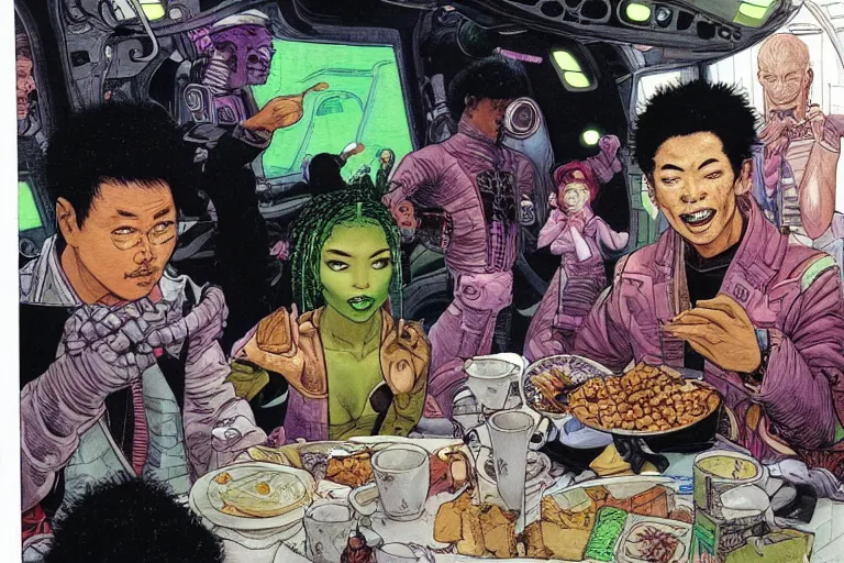 Prompt: asian people and black people and green - skinned humanoids eating breakfast aboard a cyberpunk spaceship, by michael wm kaluta