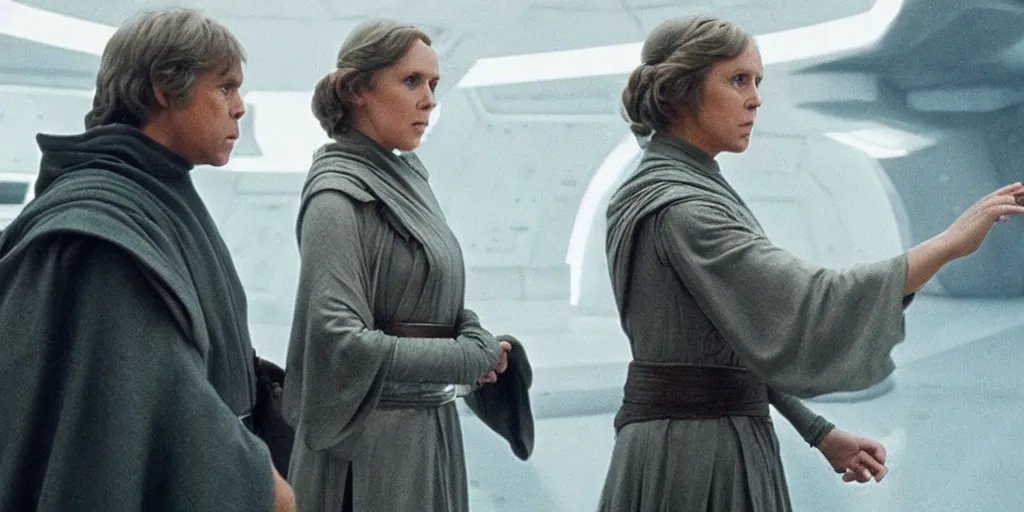 Image similar to Luke Skywalker teaches Leia the force at Jedi Temple scene from the last jedi, 2022, film by Stanley Kubrick, serene, iconic scene, stunning cinematography, hyper detailed, sharp, anamorphic lenses, kodak color film