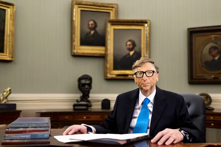 Image similar to president bill gates gives an emergency oval office address, sitting at the resolute desk, circa 2 0 2 2, professional photo, dslr, bokeh
