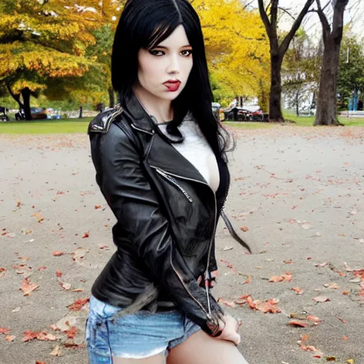 Image similar to woman with black hair and a leather jacket in a beautiful park by artgerm