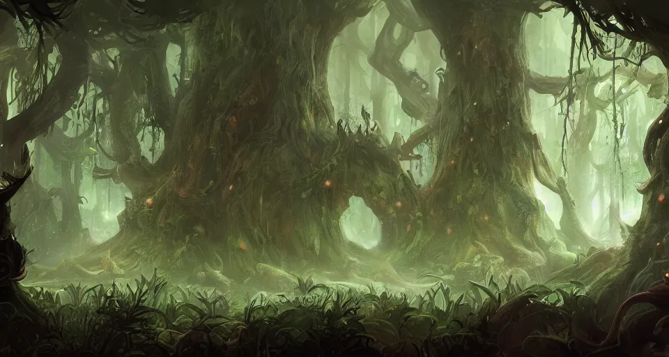 Image similar to A dense and dark enchanted forest with a swamp, by League of Legends concept artists