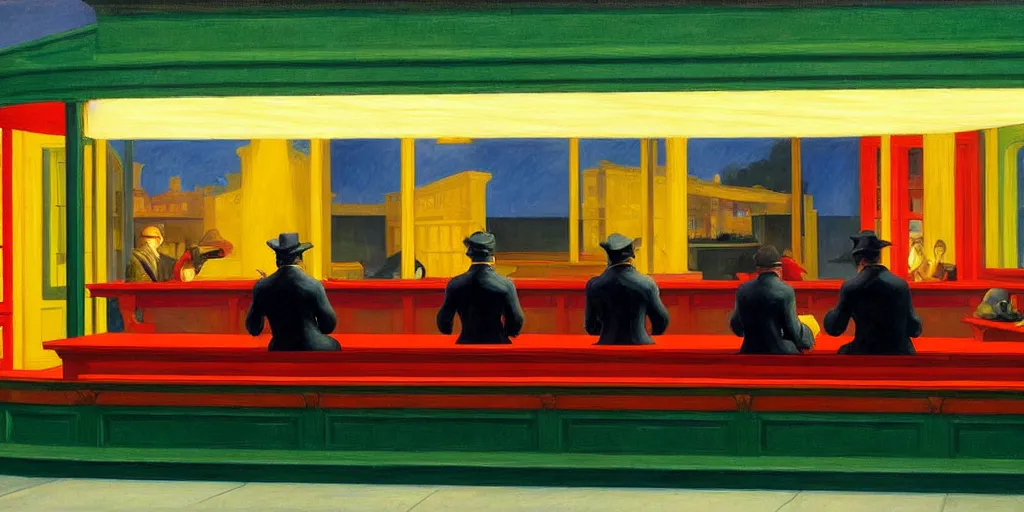 Image similar to painting nighthawks by edward hopper with jim carrey