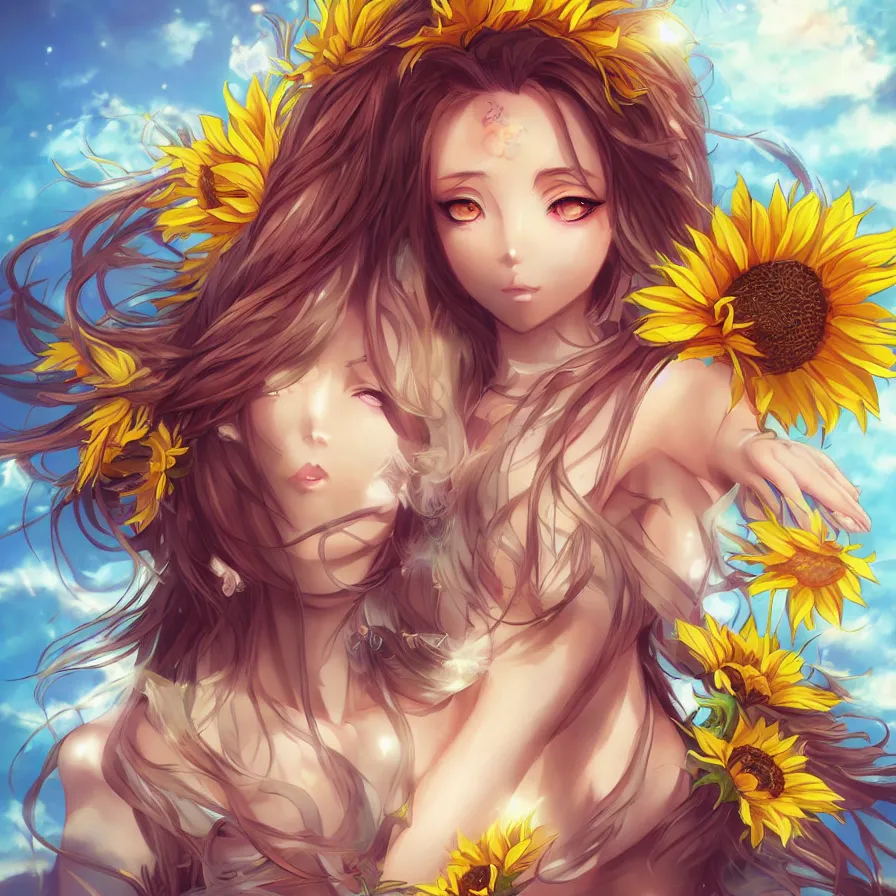 Prompt: The sunflower queen-goddess as an anime character digital illustration portrait design by Ross Tran, artgerm detailed, soft lighting