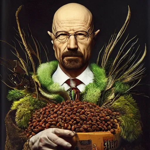 Image similar to giuseppe arcimboldo, walter white, new scifi movie, film still, seeds, legumes