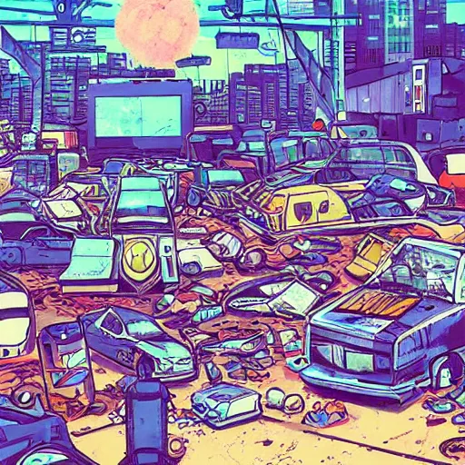 Prompt: view from ground level of a landscape full of junkyards, garbage heaps and recycled electronic gear | neon anime electronic cybernetic comic book art