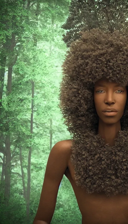 Prompt: hyper realistic 3 d render of a afro future sci - fi ancient black god on the middle of a forest