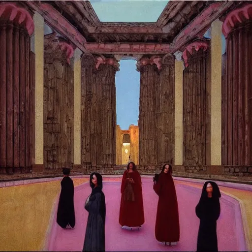 Prompt: a procession of women in a giant abandoned temple, hyperrealistic film still by gottfried helnwein, by klimt, by paolo uccello, art nouveau, highly detailed, lights by edward hopper, liminal, eerie, metaphysical, bright pastel colors,