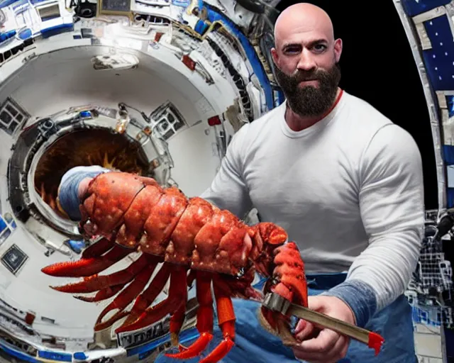 Image similar to kratos from the god of war videogame eating a whole lobster in the international space station