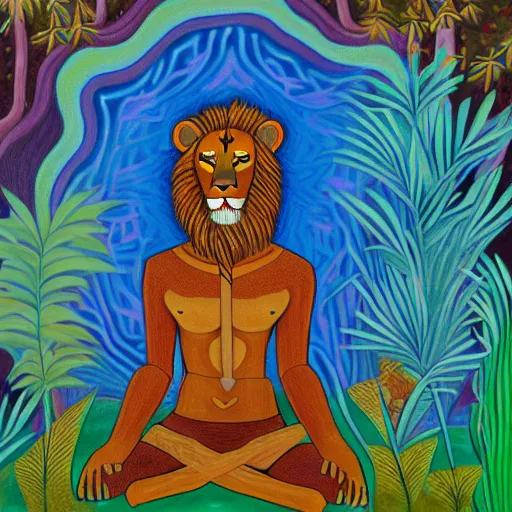 Image similar to an anthromorphic lion man meditating in an african zen garden, by amanda clark in a psychedelic style, oil on canvas