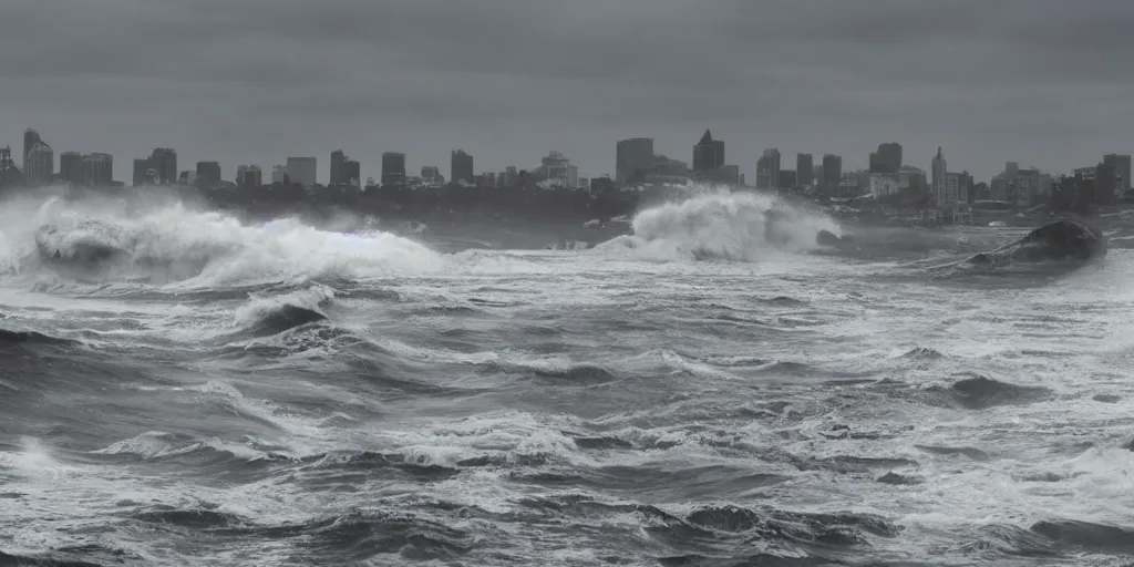 Image similar to tsunami over San Diego, Dramatic, realistic, perspective,