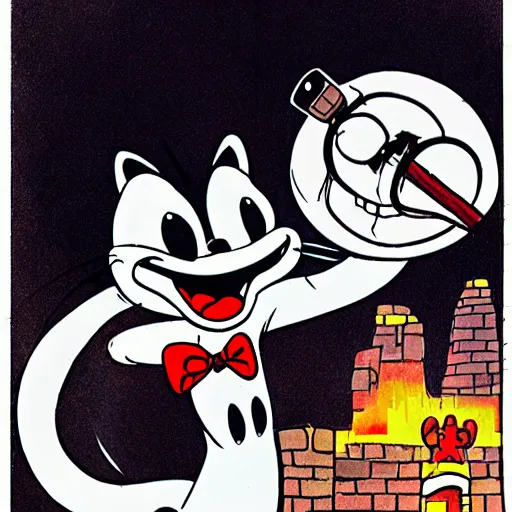 Prompt: post - apocalyptic magic kingdom, rubberhose animation, walt disney world, vintage cartoon, felix the cat,