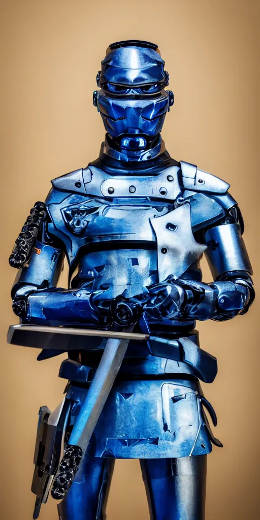 Image similar to a photo of cyborg samurai posing with a blue katana, futuristic, holographic, 8k, sharp focus, fujifilm