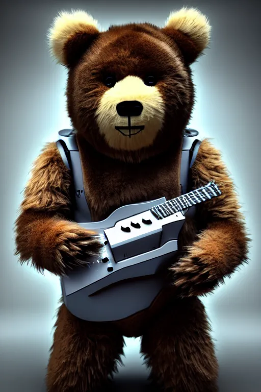 Image similar to high quality 3 d render very cute fluffy cyborg bear! plays electric guitar, cyberpunk highly detailed, unreal engine cinematic smooth, in the style of blade runner & detective pikachu, hannah yata charlie immer, moody light, low angle, uhd 8 k, sharp focus