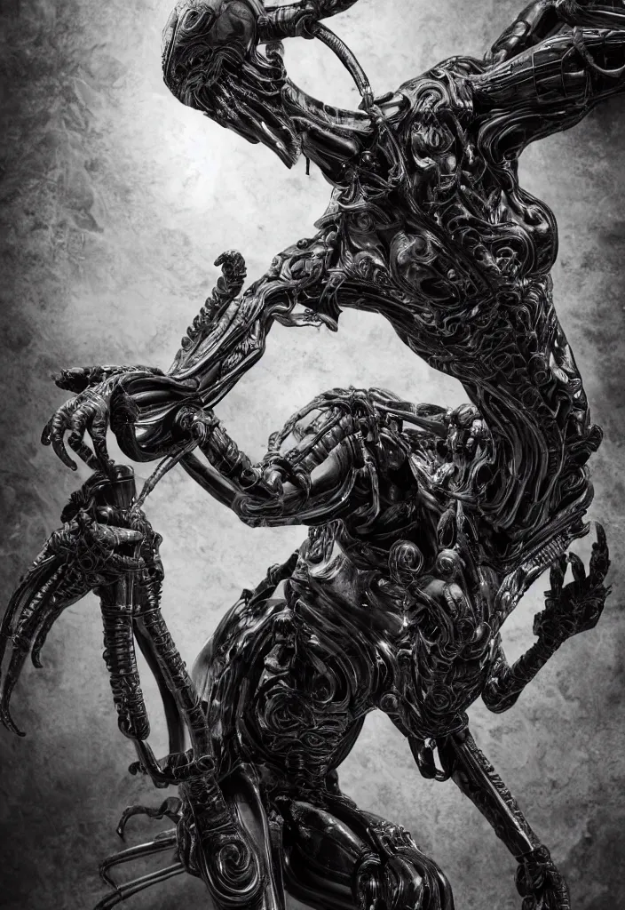 Image similar to engineer prometheus, xenomorph alien, highly detailed, symmetrical long head, smooth marble surfaces, detailed ink illustration, raiden metal gear, cinematic smooth stone, deep aesthetic, concept art, post process, 4k, carved marble texture and silk cloth, latex skin, highly ornate intricate details, prometheus, evil, moody lighting, hr geiger, hayao miyazaki, indsutrial Steampunk