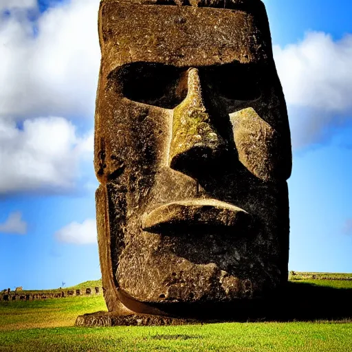 Image similar to a moai that looks like walter white, photograph, shot on easter isle, simple composition