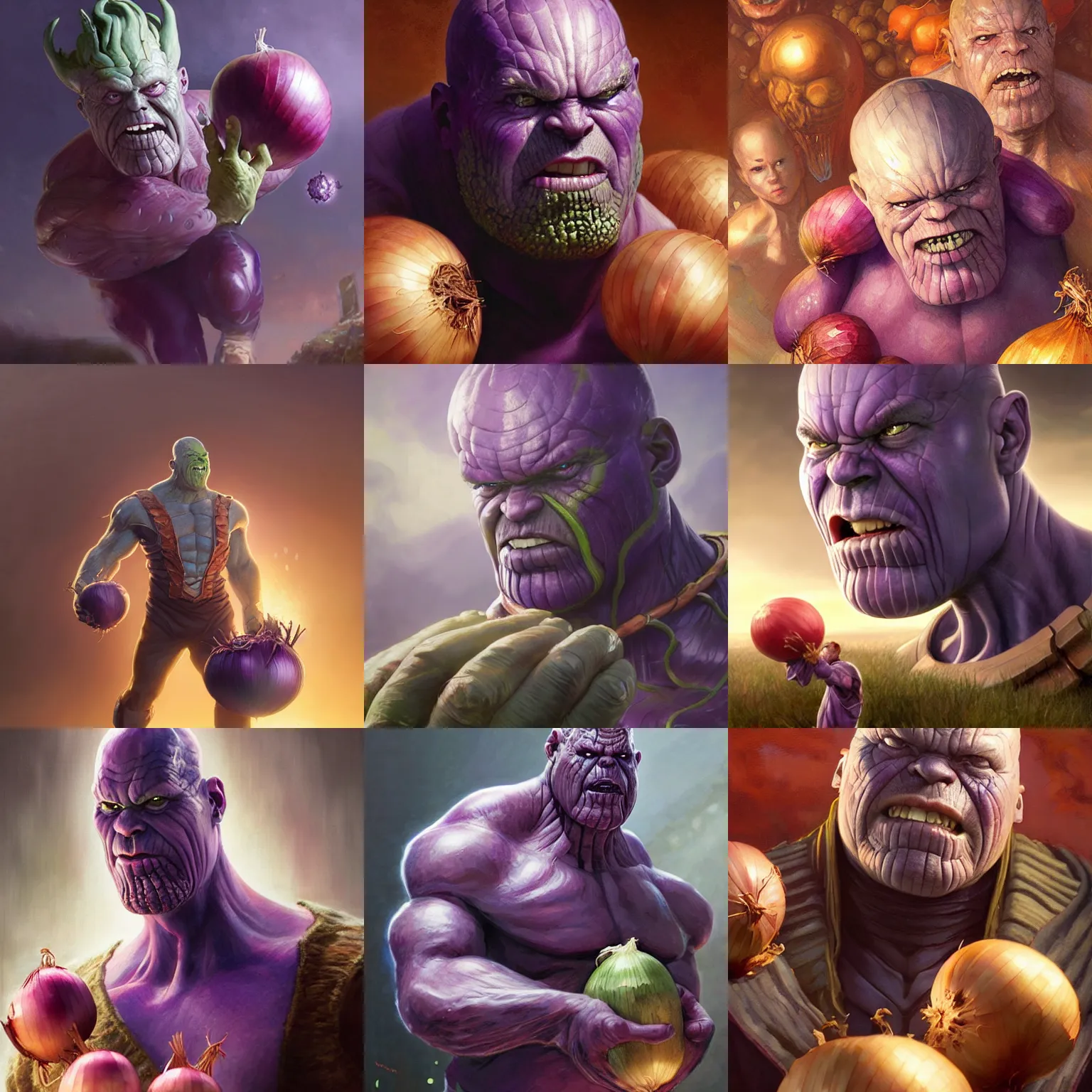 Prompt: onion thanos holding onions, character portrait, ultra realistic, concept art, intricate details, highly detailed by greg rutkowski, ilya kuvshinov, gaston bussiere, craig mullins, simon bisley, surrounding onions, smiling, cheerful