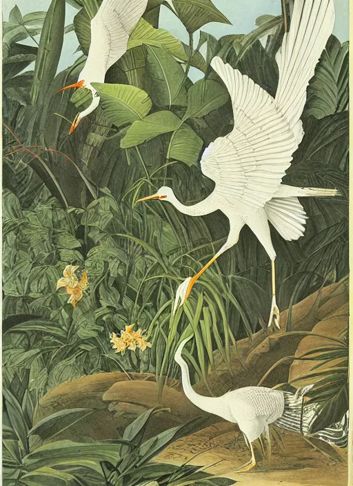 Prompt: tiger hunting a white crane, tropical plants, botanical, large exotic flowers, biology, by artist john audubon