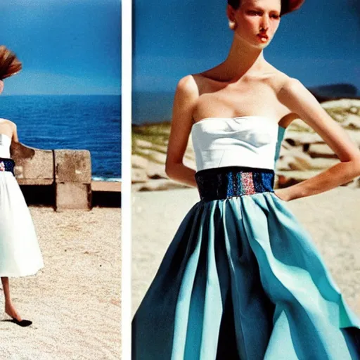 Prompt: 1 9 9 5 italia vogue magazine photo of a dress with cotton underskirt set, christian dior style, mediterranean beach background, refracted color lines, night, flash photography