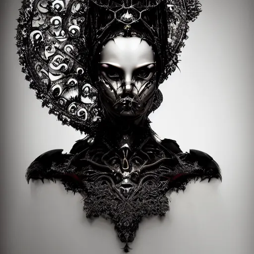 Prompt: a portrait of female model by stefan geselle and nekro borja, photorealistic, biomechanical, fractal fiberglass, intricate details, hyper realistic, ornate headpiece, dark beauty, photorealistic, canon r 3, photography, wide shot, photography, dark beauty, symmetrical features