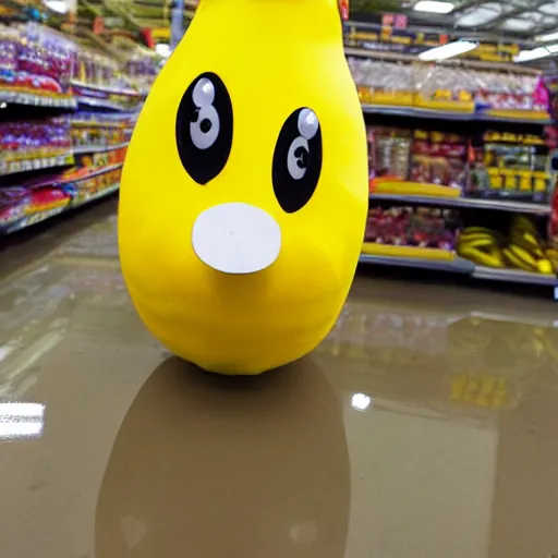 Image similar to banana duck at Walmart, peeled banana with googly eyes and duck beak, goofy banana duck hybrid spotted at Walmart. ISO 300, depth of field