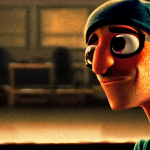 Image similar to a cinematic still of the Pixar version of the movie 8 Mile, epic lighting, shallow depth of field