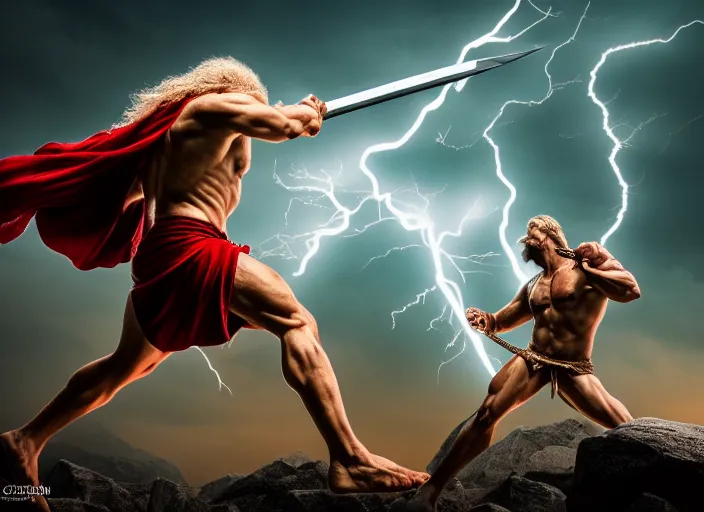 Prompt: photo of zeus throwing lightning spear at chronos. mythology style. highly detailed 8 k. intricate. lifelike. soft light. sony a 7 r iv 5 5 mm. [ cinematic post - processing ].