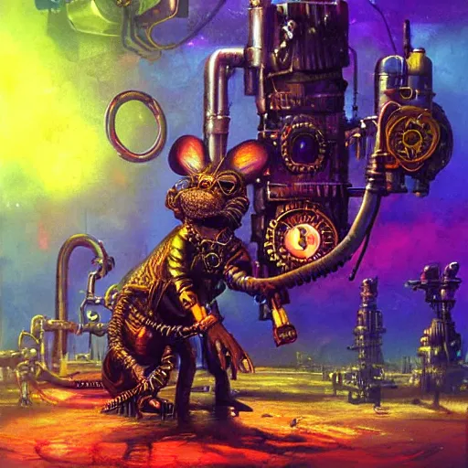 Image similar to steampunk rat, acid, 303, psychedelic, by paul lehr