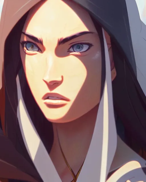 Image similar to azctec warrior, megan fox, detailed perfect face, exquisite details, fire magic, mid view, design on a white background, by studio muti, greg rutkowski makoto shinkai takashi takeuchi studio ghibli