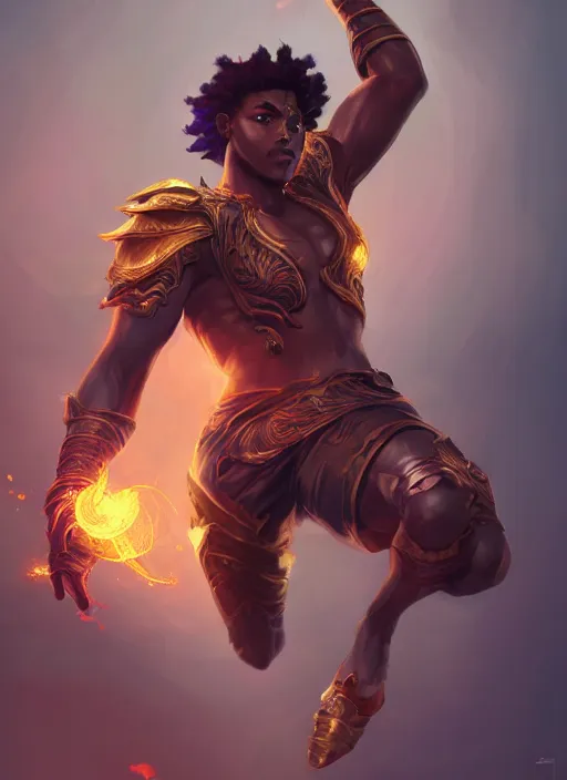 Prompt: a highly detailed illustration of attractive young african fire god with short hair, heroic jumping pose, intricate, elegant, highly detailed, centered, digital painting, artstation, concept art, smooth, sharp focus, league of legends concept art, wlop