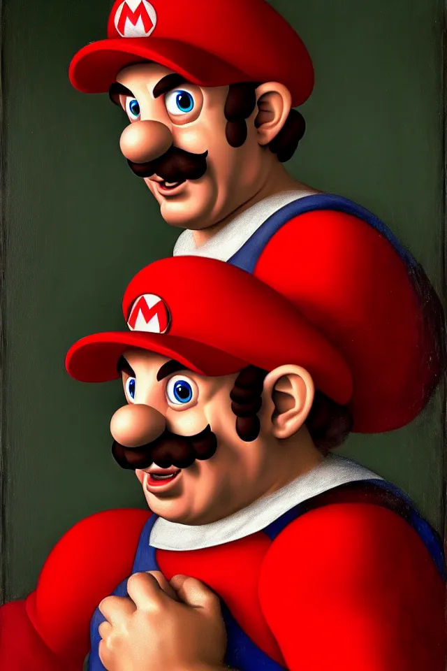 Prompt: bizarre renaissance portrait of mario as a highly detailed realistic real life person, dramatic cinematic lighting, 8 k, beautiful intricate painting