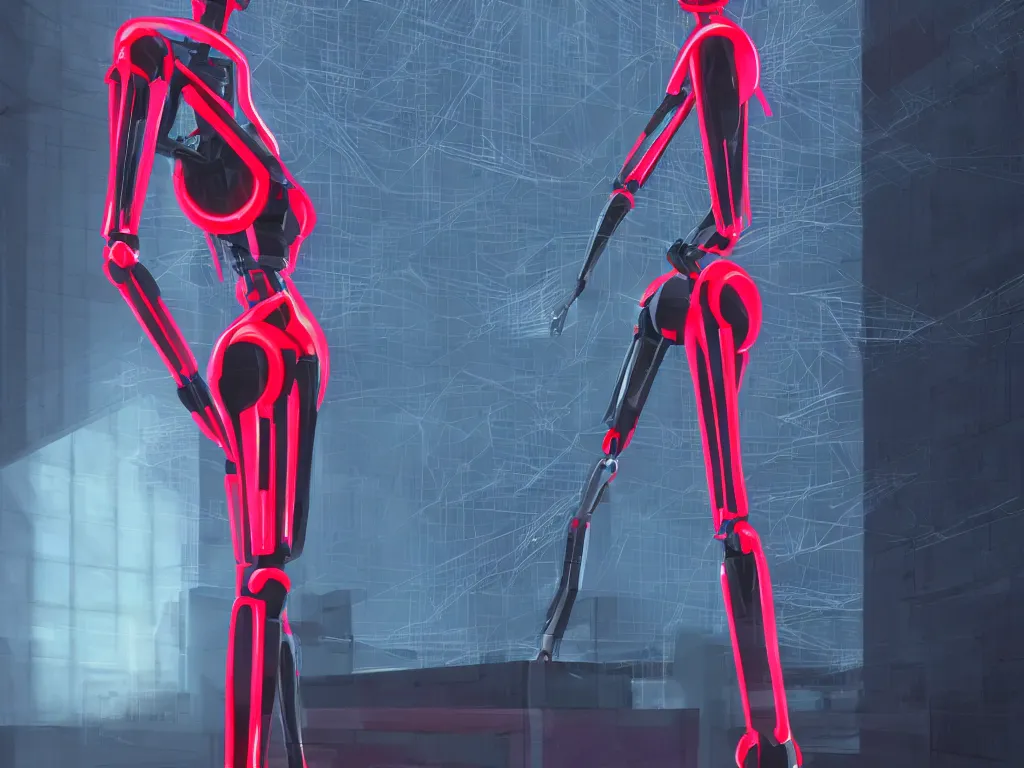 Prompt: beautiful tall female robot printed with red and black 3 d geometrical neon guarding a wall of computers!!!!!!!!!! + flowering vaporwave orchids!!!, transcendent, clean linework, dramatic, finely detailed, 4 k, trending on artstation, photorealistic, award winning, rule of thirds, volumetric lighting, octane render