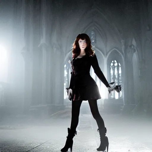 Image similar to mary elizabeth winstead as a vampire about to attack in a gloomy gothic cathedral at night