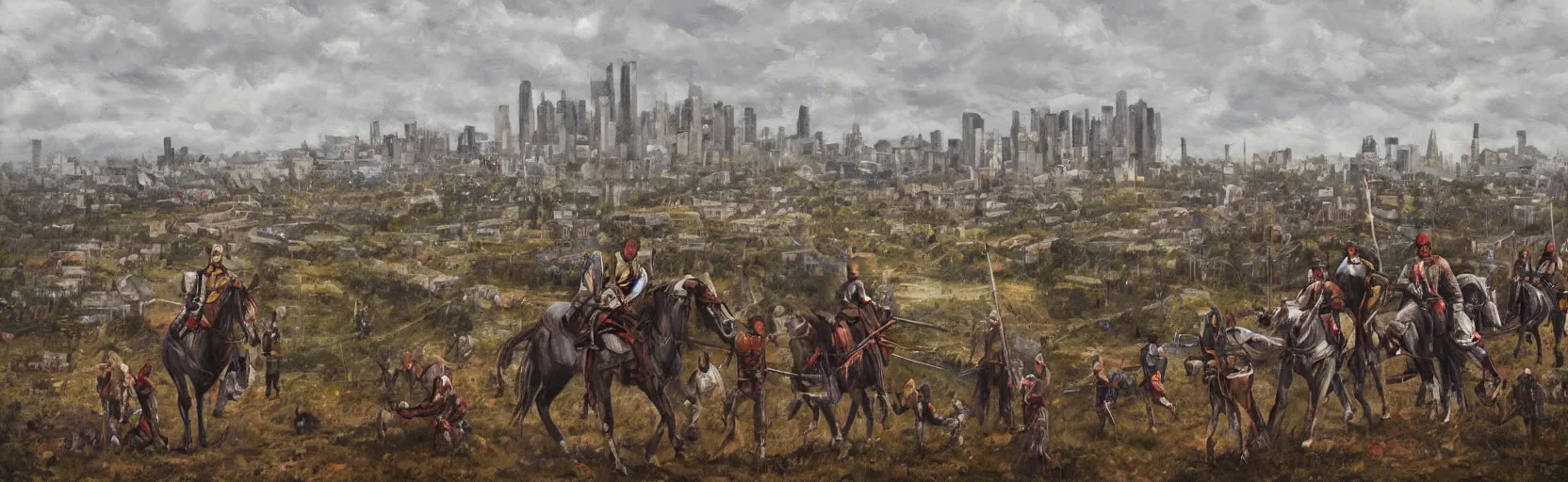 Prompt: horseback knights at scenic overlook; cloudy, grey skies, tent camp in foreground, fortress city of deteriorating office buildings in background upon hill, post apocalyptic, grungy; oil on canvas, artstation