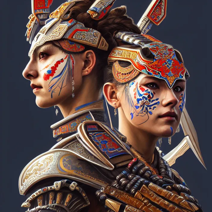 Image similar to symmetry! portrait of a caucasian female warrior, face decorated with chinese opera motifs, leds horizon zero dawn machine, intricate, elegant, highly detailed, digital painting, artstation, concept art, smooth, sharp focus, illustration, art by artgerm and greg rutkowski and alphonse mucha, 8 k