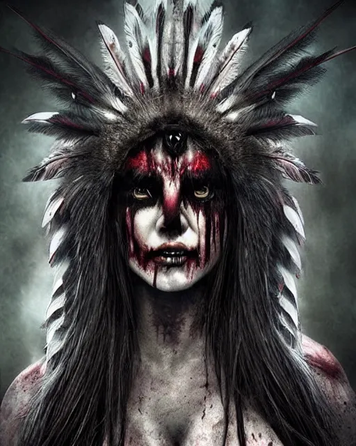 Image similar to wolf - human hybrid mutant ghost - spirit of the grim - warpaint wears the scarlet skull armor and native blood headdress feathers, midnight fog - mist!, dark oil painting colors, realism, cinematic lighting, various refining methods, micro macro autofocus, ultra definition, award winning photo, photograph by ghostwave - gammell - giger - shadowlord