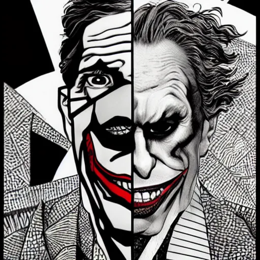Prompt: portrait of the joker, mash - up between mc escher and vincent van gogh, marvel comics style