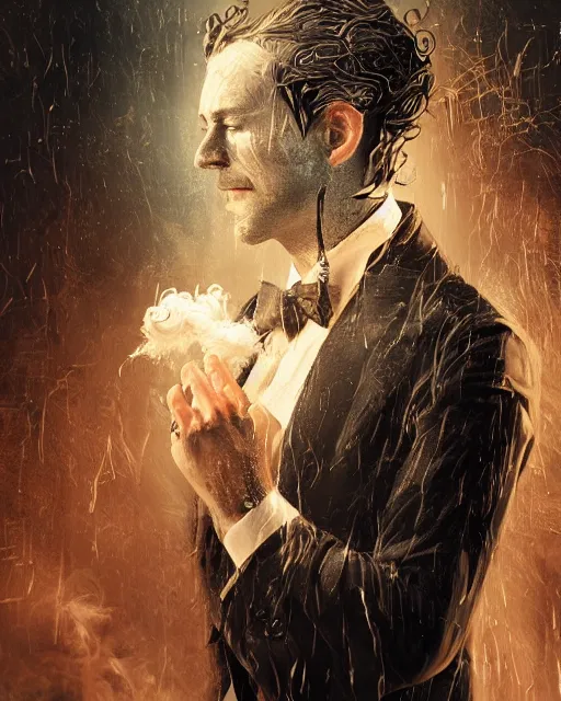 Prompt: a highly detailed portrait of devious male magician radiating a powerful energy aura, back tuxedo, wispy tendrils of smoke, intricate, digital painting, old english, raining, sepia, particles floating, whimsical background by marc simonetti, artwork by ramond swanland and liam wong