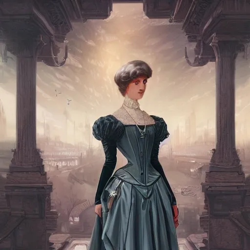 Prompt: portrait of a victorian lady in a futuristic city, pretty face, streets, beautiful, highly detailed, digital painting